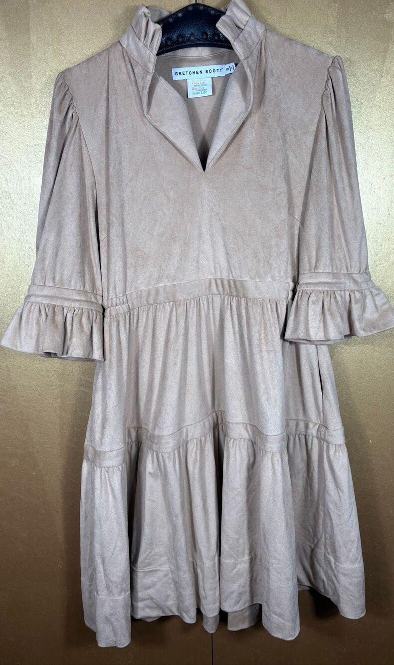 Gretchen Scott teardrop tiered faux suede dress size S